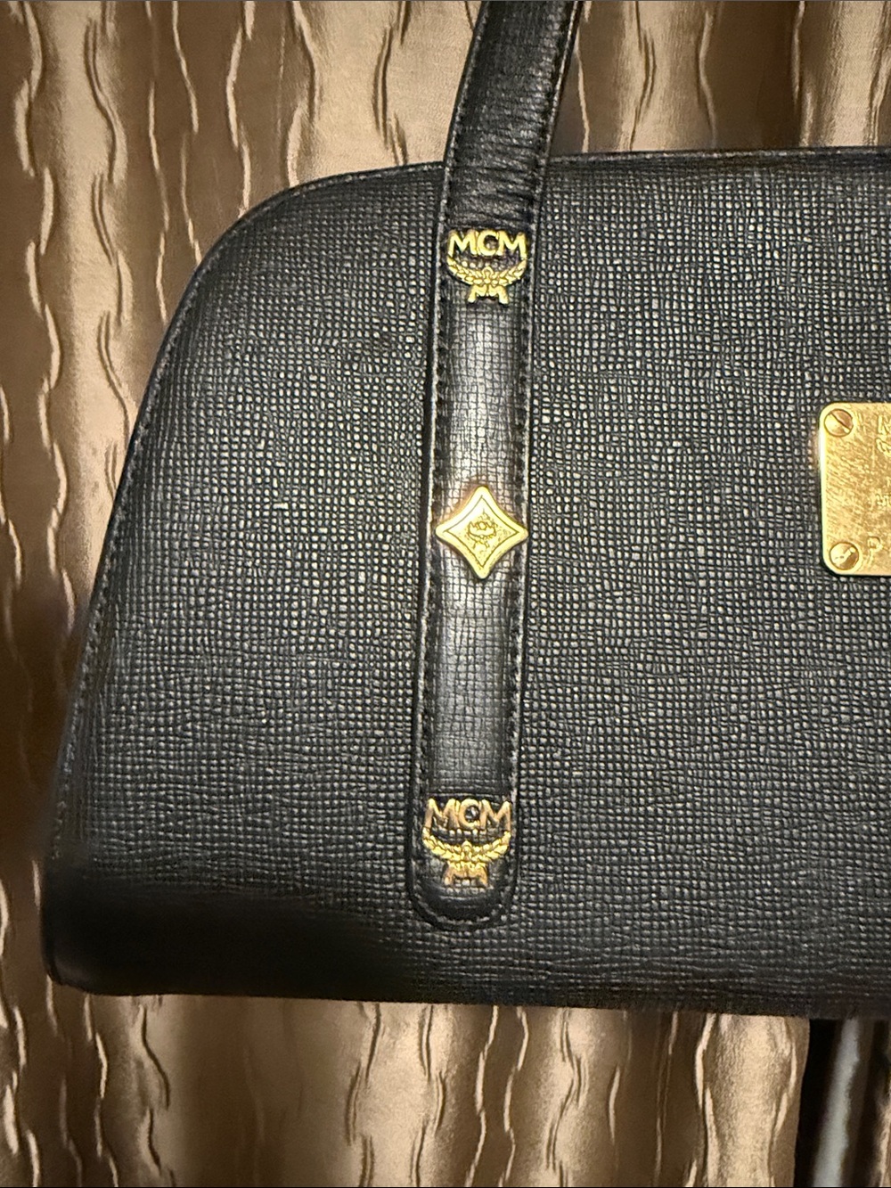 MCM Black Leather Satchel with Gold Logo Plate - Picture 7 of 13